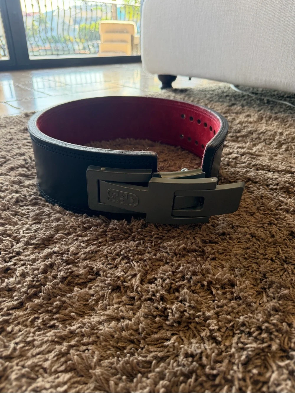 SBD Men's Leather Weightlifting Belt 13 mm— Black with Red Interior Size Medium